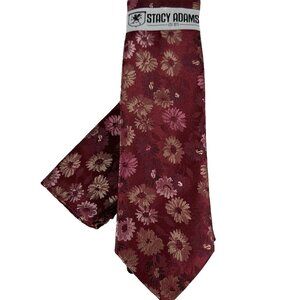 Stacy Adams Men Tie Hanky Burgundy Pink Bone Floral 100% Microfiber 3.25" Wide